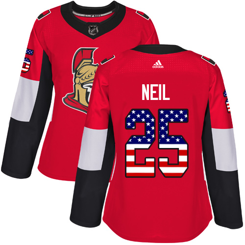 Adidas Senators #25 Chris Neil Red Home Authentic USA Flag Women's Stitched NHL Jersey - Click Image to Close